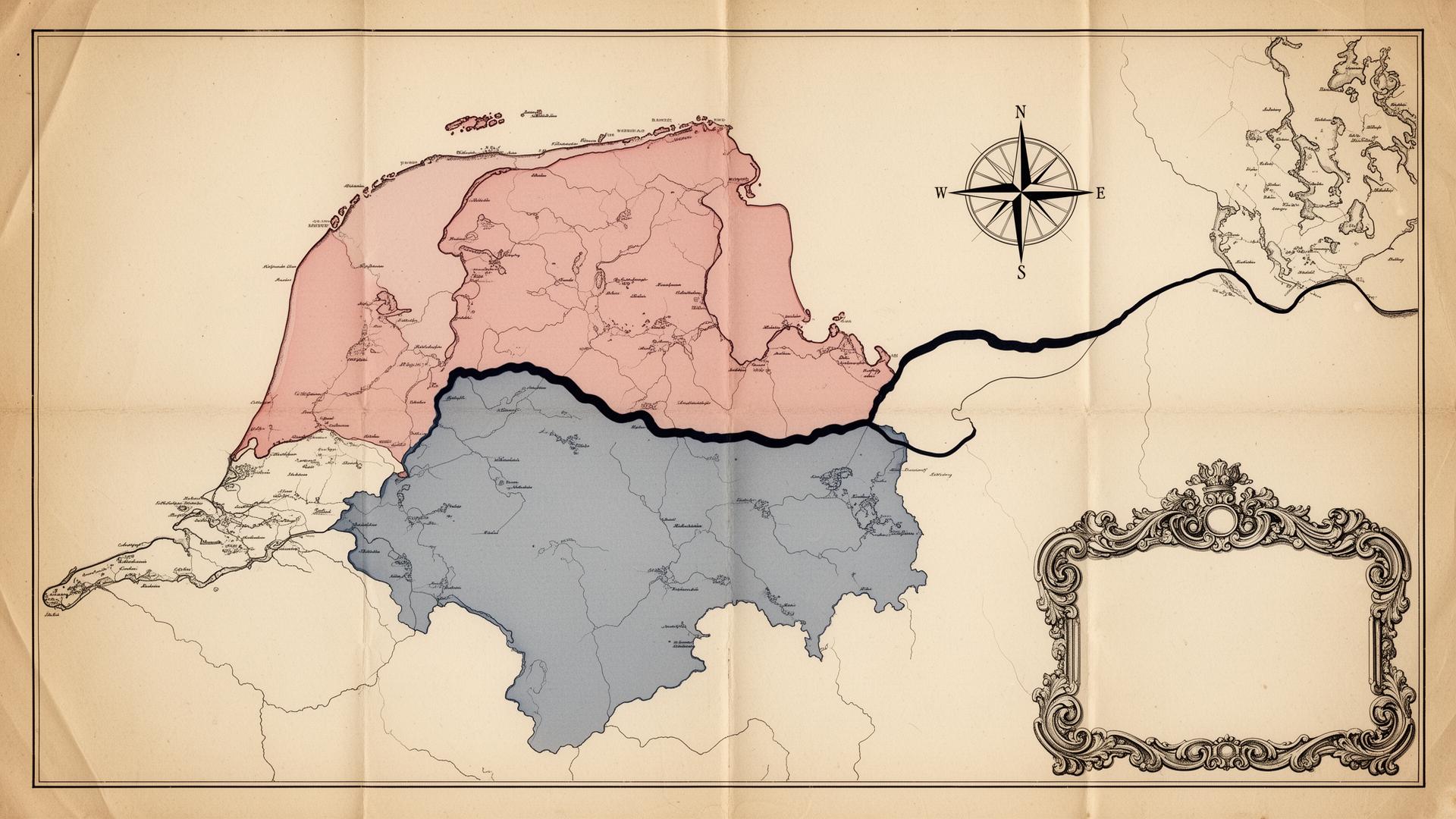 Antikt kort over Slesvig med folkeafstemningens zoner i 1920 — nordlig zone i rødt (dansk), sydlig zone i blåt (tysk)