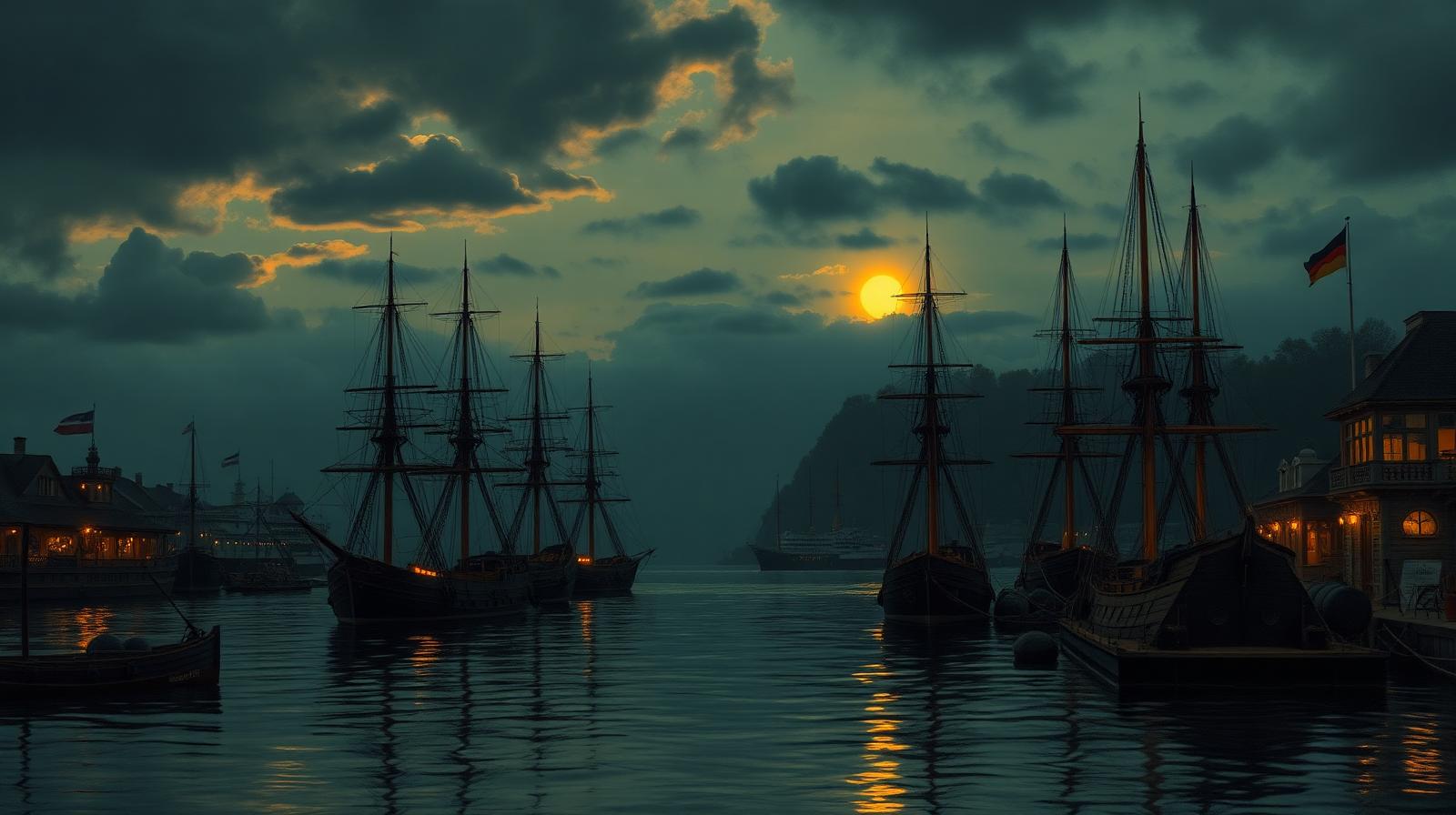 Historisk Flensborg Havn ved solnedgang med sejlskibe og romfade