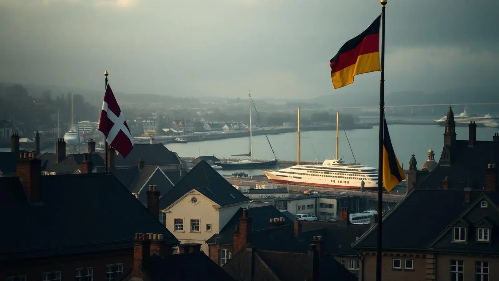 Flensborg Havn med dansk og tysk flag – dansk-tysk grænseregion