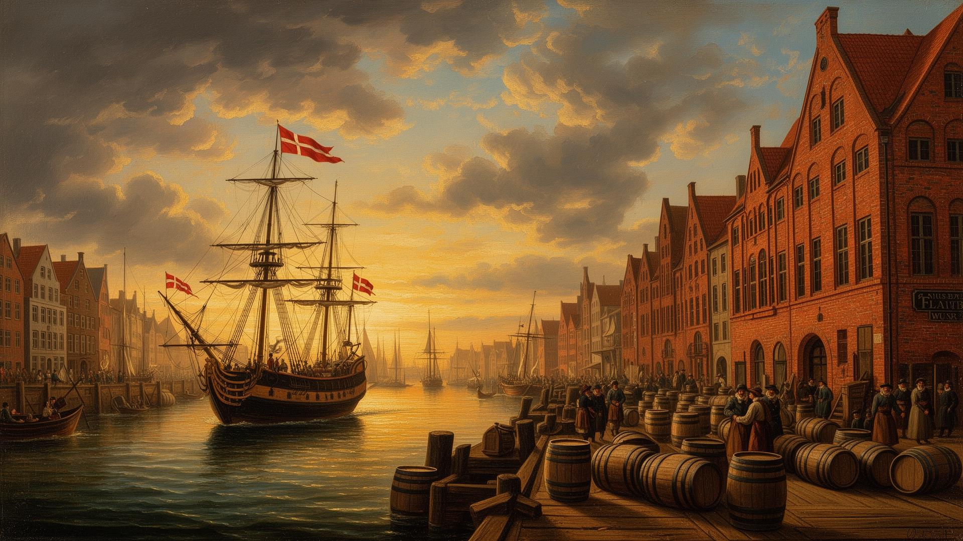 Historisches Segelschiff im Flensburger Hafen mit Rumfässern – 18. Jahrhundert