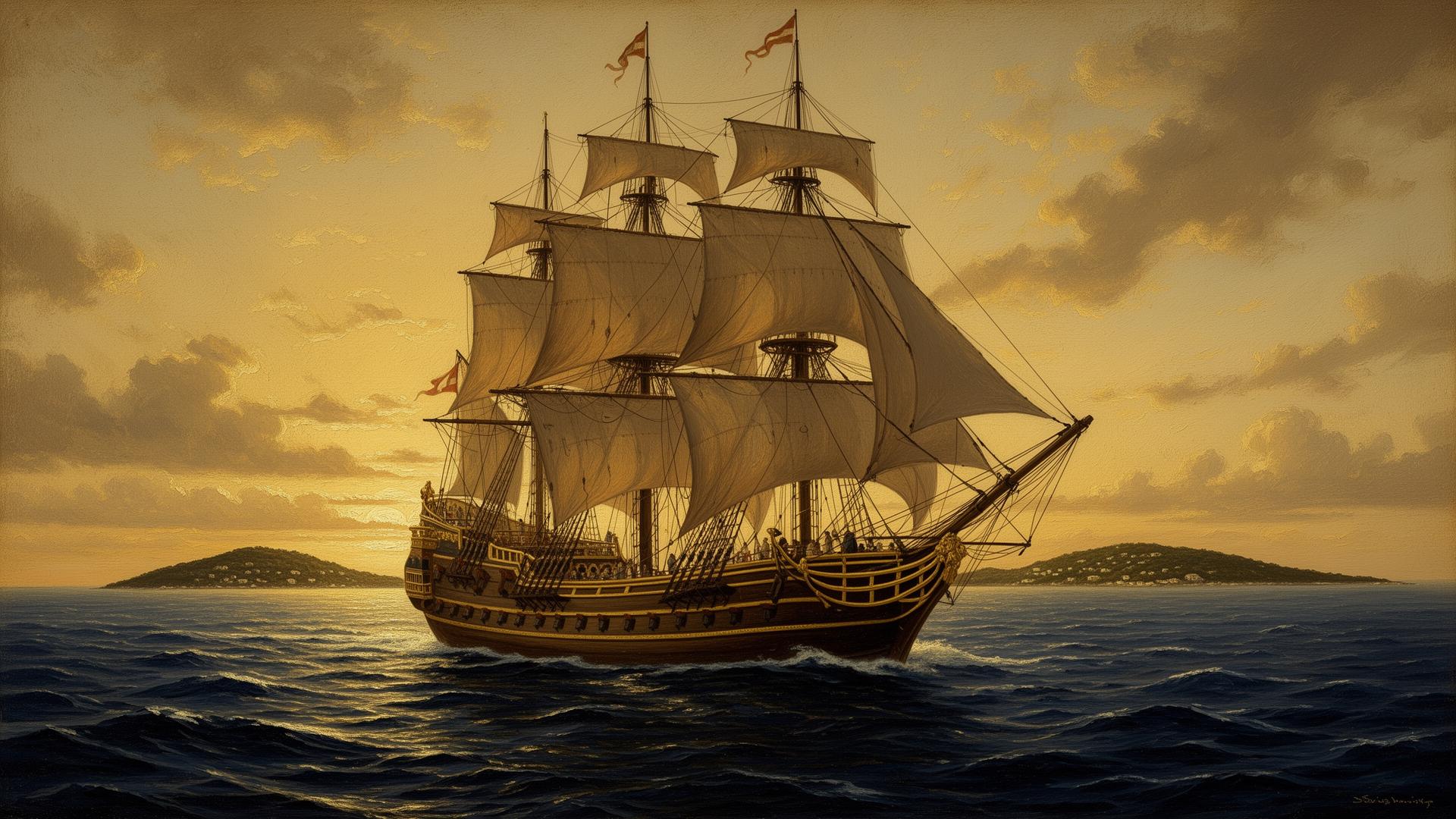 Neptunus, det første skib fra Flensborg, der sejlede til Caribien i 1755, gengivet i malerisk maritim stil