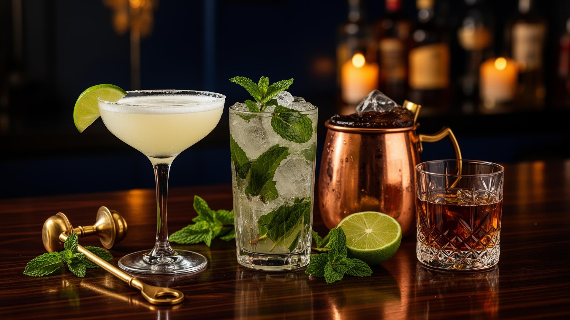 Klassiske rom-cocktails – daiquiri, mojito, dark and stormy og et glas premium rom serveret pur