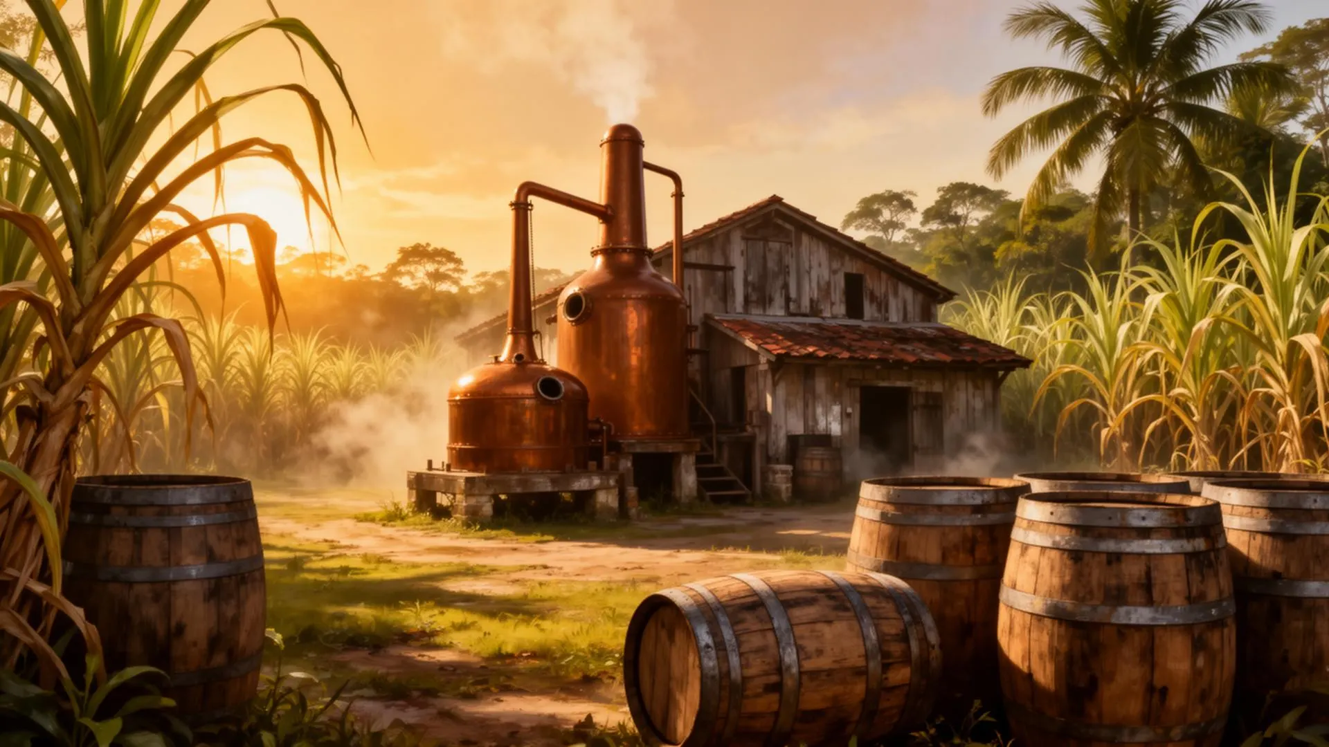 Historisk caribisk sukkerrørsplantage med kobber-pot-still-destilleri og romfade