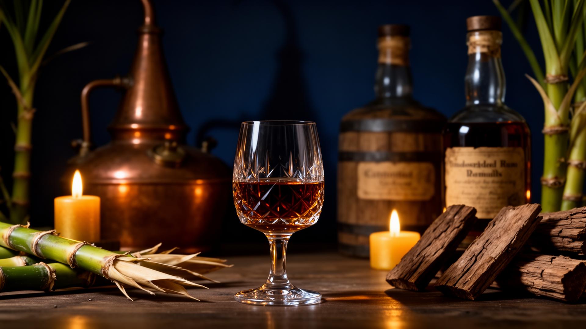 Premium rom i krystalglas med antik pot still og egetræsfade – stilleben
