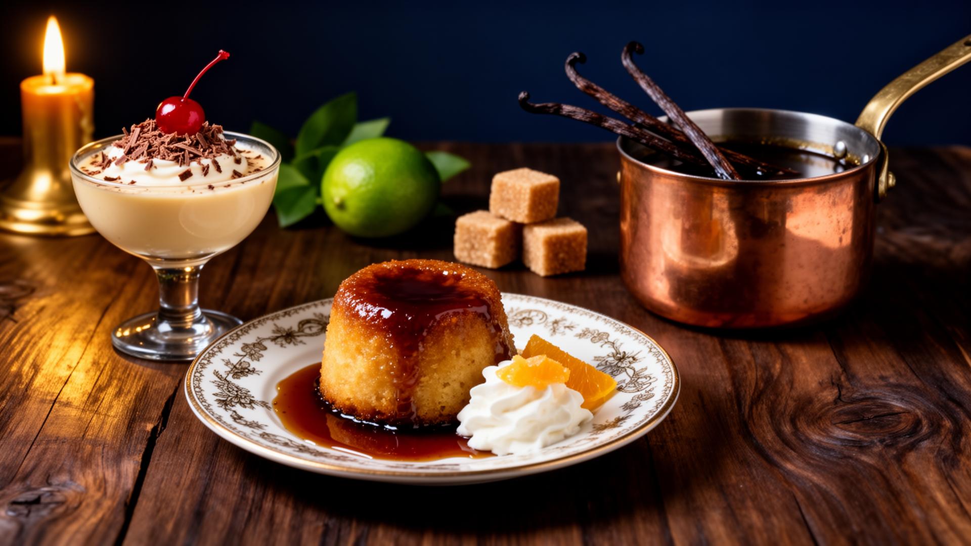 Baba au Rhum med romsirup og et glas præsidentcreme – klassisk rom-dessert stilleben