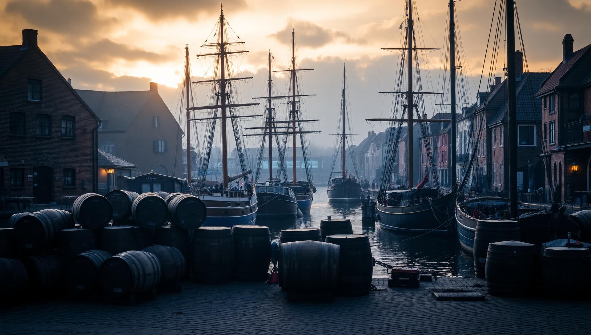 Historisk Flensborg Havn med sejlskibe og romfade på kajen