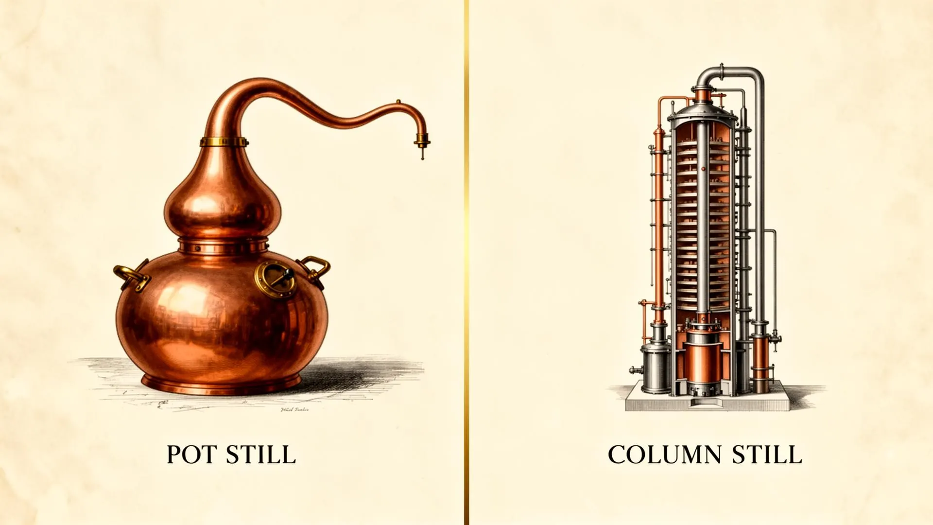 Sammenligning: traditionel kobber-pot-still og moderne kolonnedestille