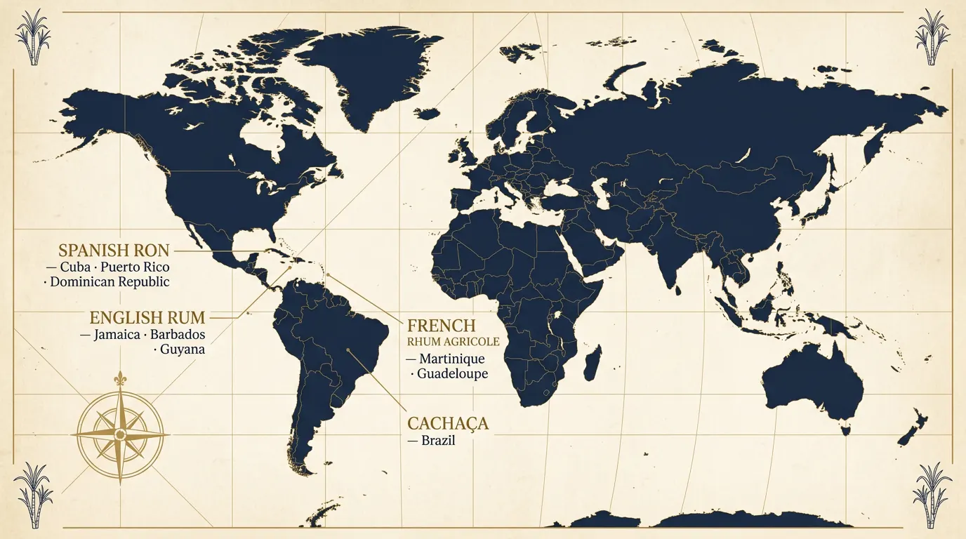 Verdenskort over de vigtigste romstilarter: Spansk Ron, Engelsk Rum, Fransk Rhum Agricole og Cachaça